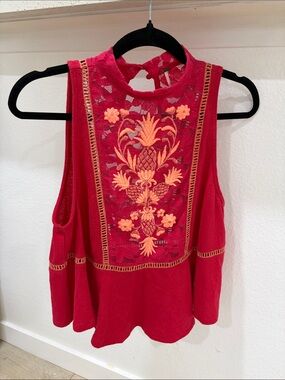 Free People Red Tank Top with Orange Floral Embroidery